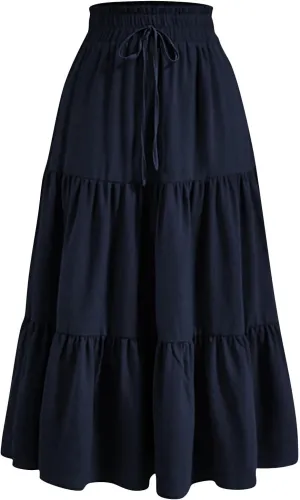Women's Pleated Skirts Summer Casual Loose Trendy Elastic Waist Floral Print Bohemian Sun A-Line Maxi Skirt, S-XL