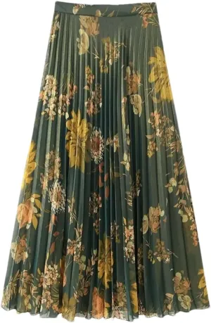 Women's Printed Pleated Skirt High Waist Pleated Maxi Party Midi Skirt