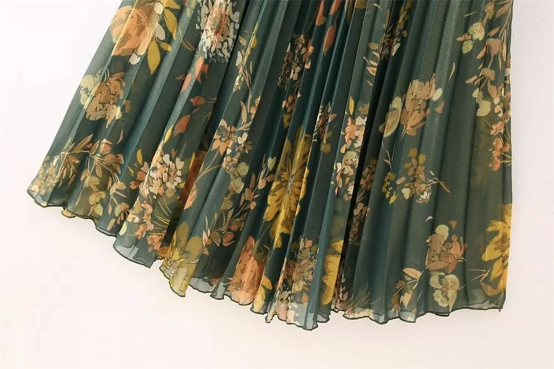 Women's Printed Pleated Skirt High Waist Pleated Maxi Party Midi Skirt