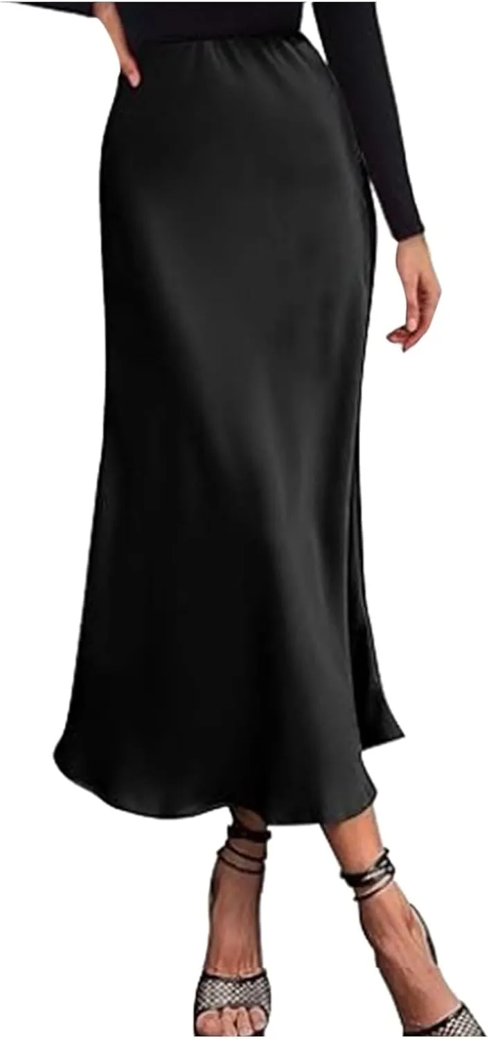 Women's Satin High Waisted Maxi Skirts Solid Color Summer Fall Elegant Elastic Waist Flared A-Line Long Satin Skirt