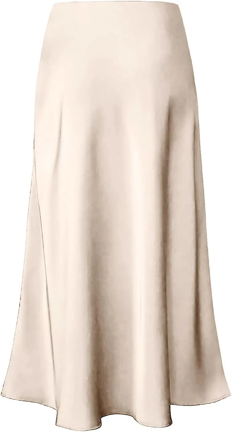 Women's Satin High Waisted Maxi Skirts Solid Color Summer Fall Elegant Elastic Waist Flared A-Line Long Satin Skirt