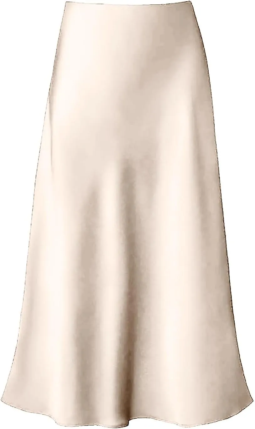 Women's Satin High Waisted Maxi Skirts Solid Color Summer Fall Elegant Elastic Waist Flared A-Line Long Satin Skirt