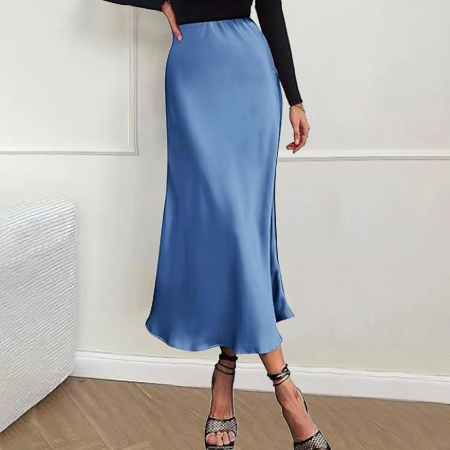 Women's Satin High Waisted Maxi Skirts Solid Color Summer Fall Elegant Elastic Waist Flared A-Line Long Satin Skirt