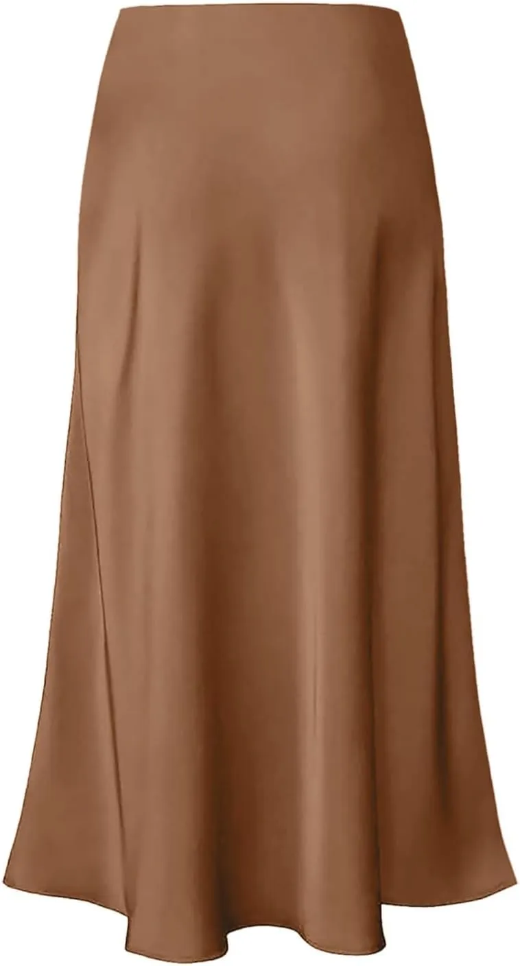 Women's Satin High Waisted Maxi Skirts Solid Color Summer Fall Elegant Elastic Waist Flared A-Line Long Satin Skirt