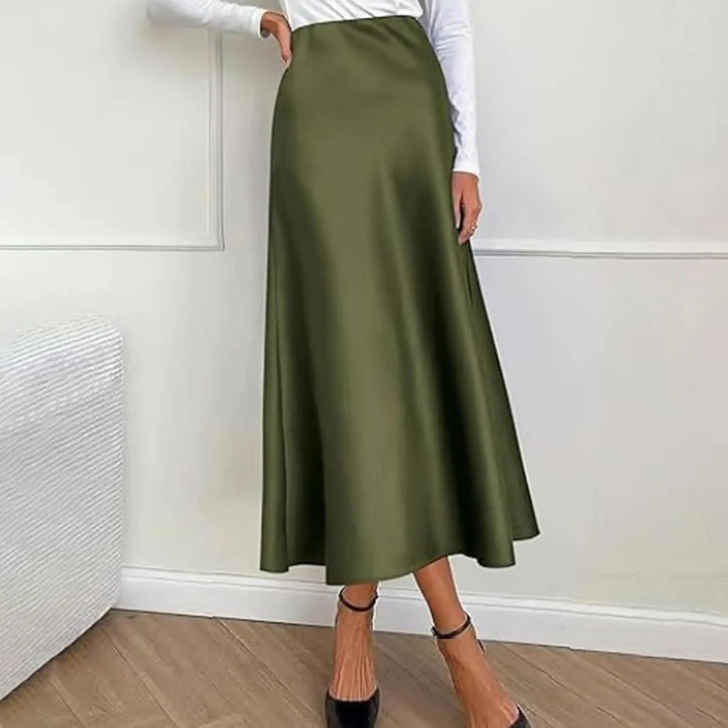 Women's Satin High Waisted Maxi Skirts Solid Color Summer Fall Elegant Elastic Waist Flared A-Line Long Satin Skirt