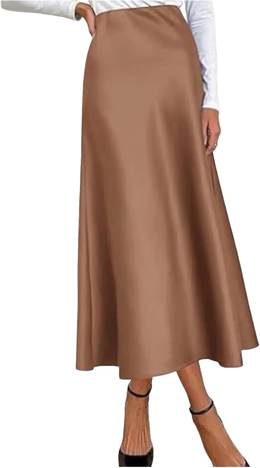 Women's Satin High Waisted Maxi Skirts Solid Color Summer Fall Elegant Elastic Waist Flared A-Line Long Satin Skirt