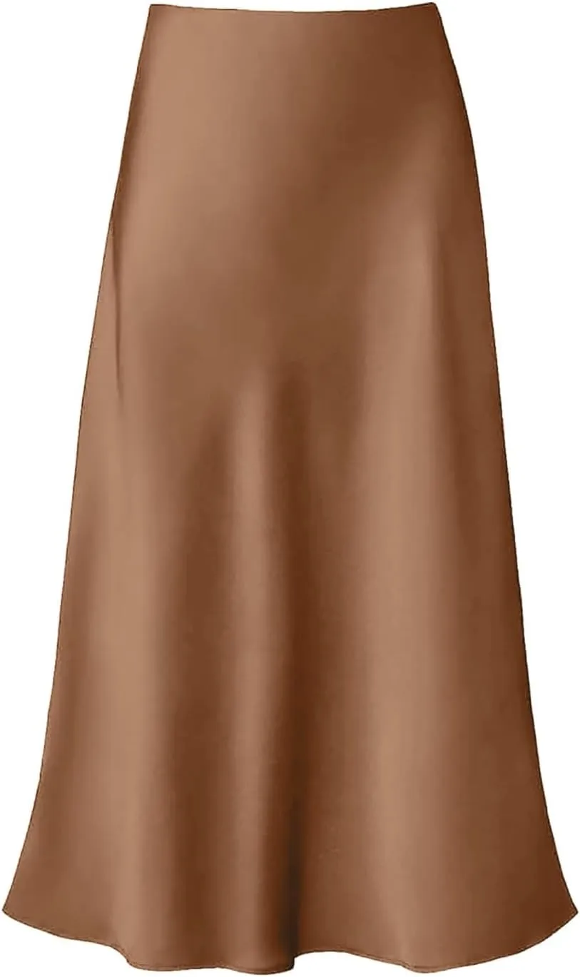 Women's Satin High Waisted Maxi Skirts Solid Color Summer Fall Elegant Elastic Waist Flared A-Line Long Satin Skirt