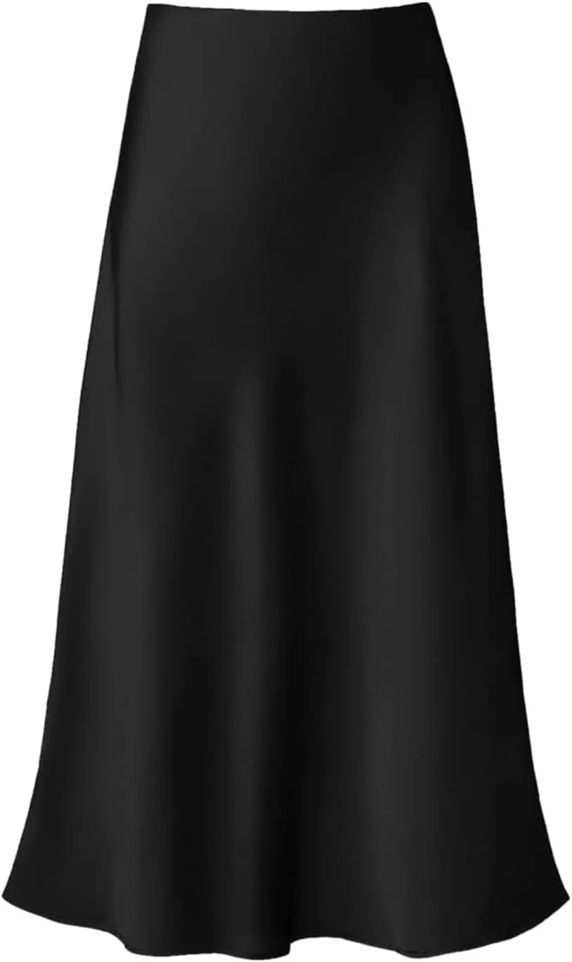 Women's Satin High Waisted Maxi Skirts Solid Color Summer Fall Elegant Elastic Waist Flared A-Line Long Satin Skirt