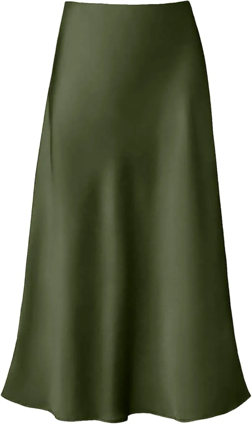 Women's Satin High Waisted Maxi Skirts Solid Color Summer Fall Elegant Elastic Waist Flared A-Line Long Satin Skirt