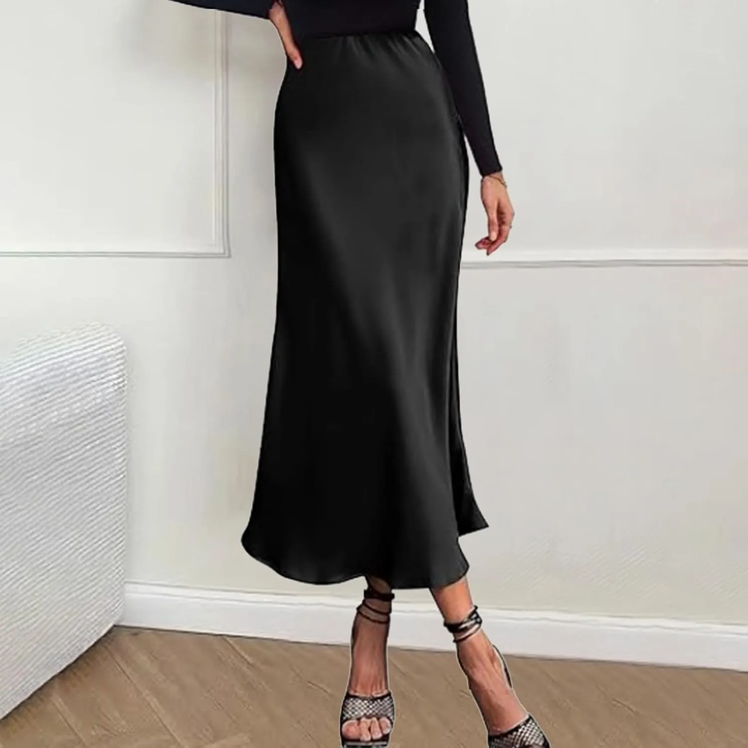 Women's Satin High Waisted Maxi Skirts Solid Color Summer Fall Elegant Elastic Waist Flared A-Line Long Satin Skirt