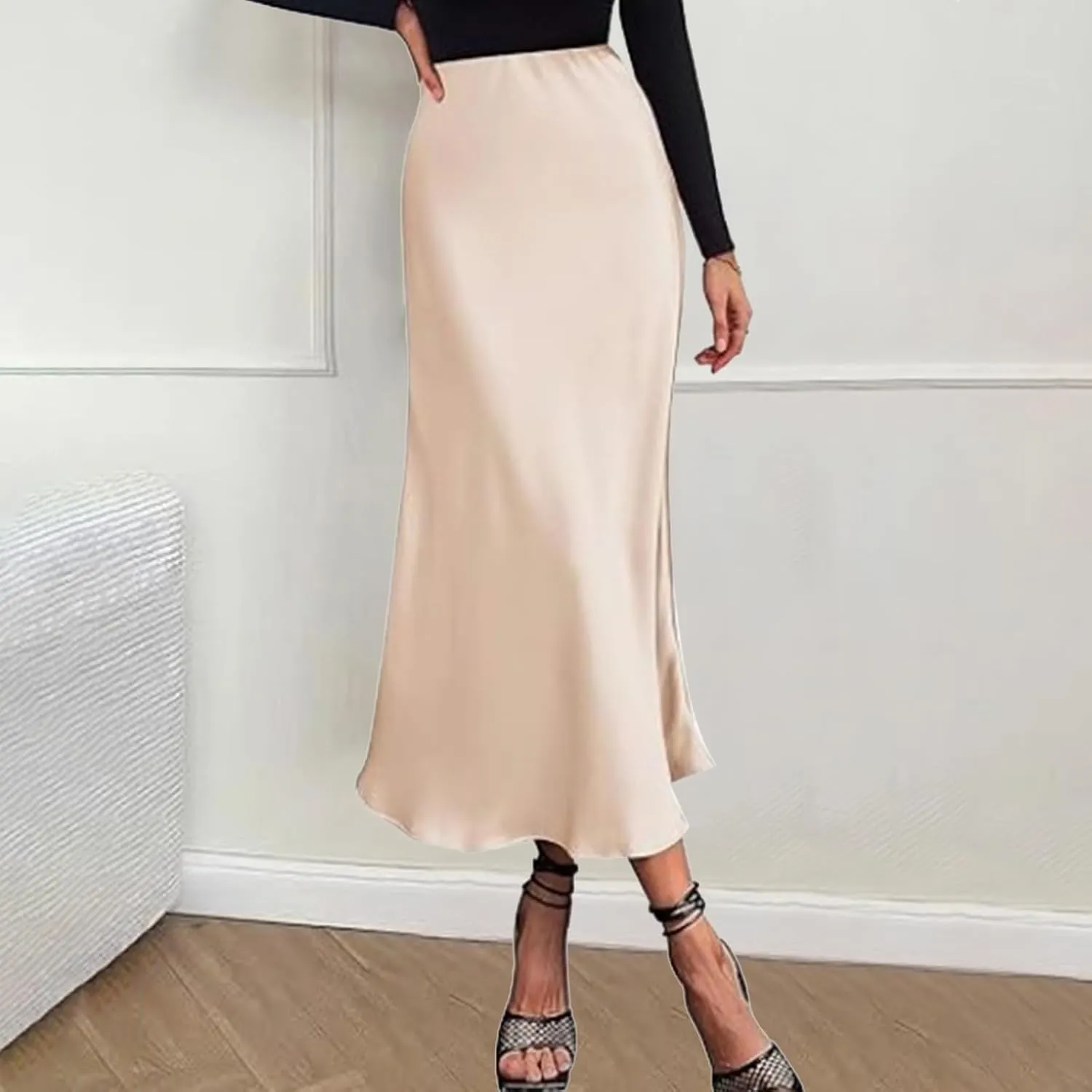 Women's Satin High Waisted Maxi Skirts Solid Color Summer Fall Elegant Elastic Waist Flared A-Line Long Satin Skirt