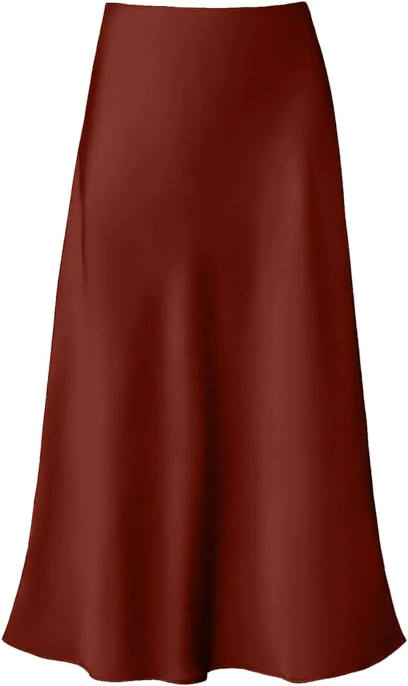 Women's Satin High Waisted Maxi Skirts Solid Color Summer Fall Elegant Elastic Waist Flared A-Line Long Satin Skirt