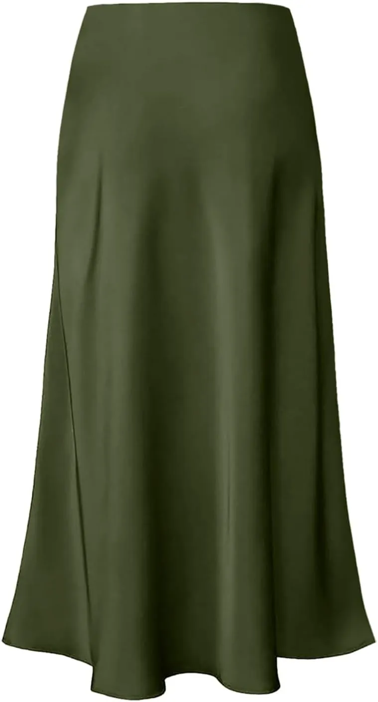 Women's Satin High Waisted Maxi Skirts Solid Color Summer Fall Elegant Elastic Waist Flared A-Line Long Satin Skirt
