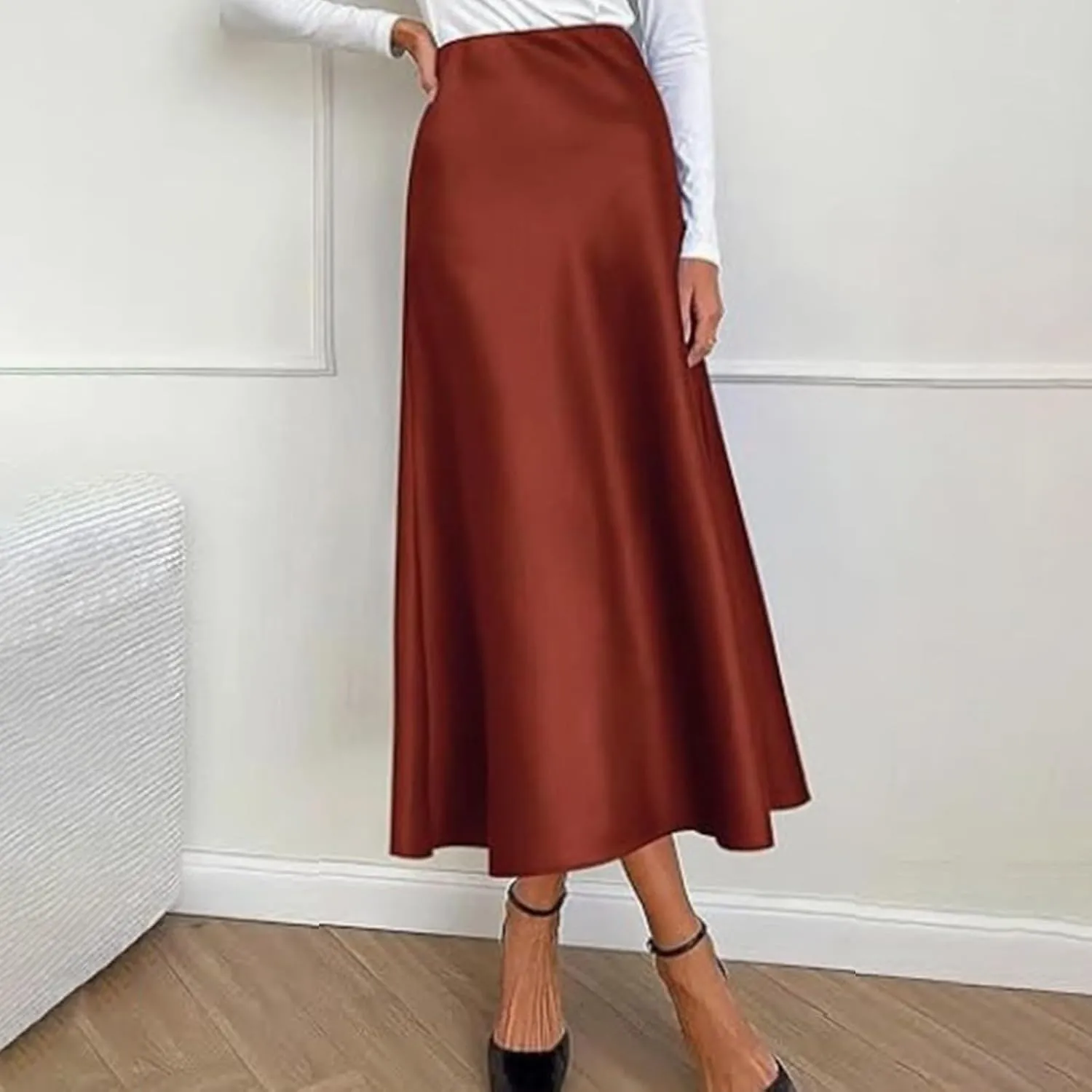 Women's Satin High Waisted Maxi Skirts Solid Color Summer Fall Elegant Elastic Waist Flared A-Line Long Satin Skirt