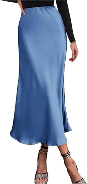 Women's Satin High Waisted Maxi Skirts Solid Color Summer Fall Elegant Elastic Waist Flared A-Line Long Satin Skirt