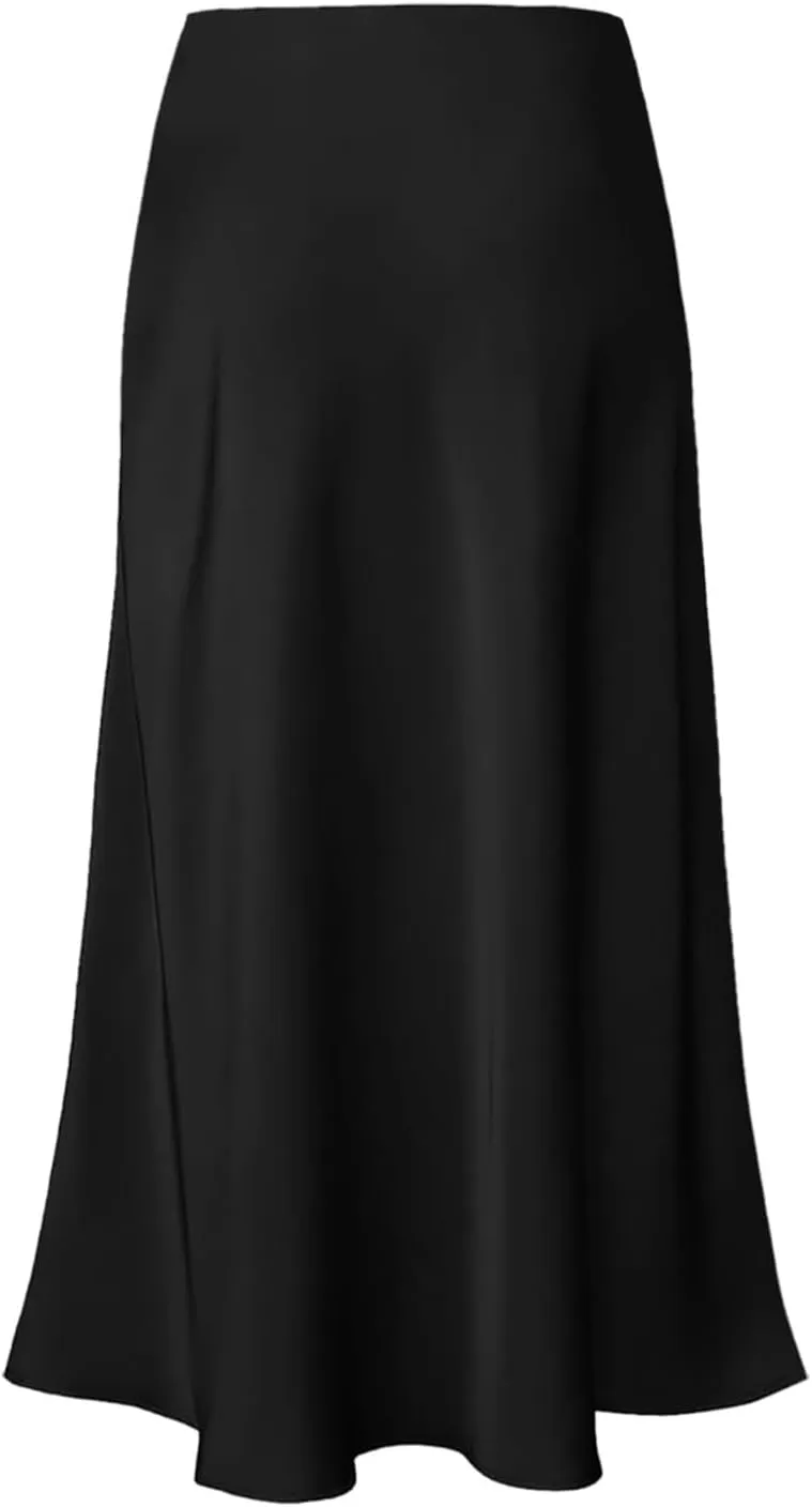 Women's Satin High Waisted Maxi Skirts Solid Color Summer Fall Elegant Elastic Waist Flared A-Line Long Satin Skirt