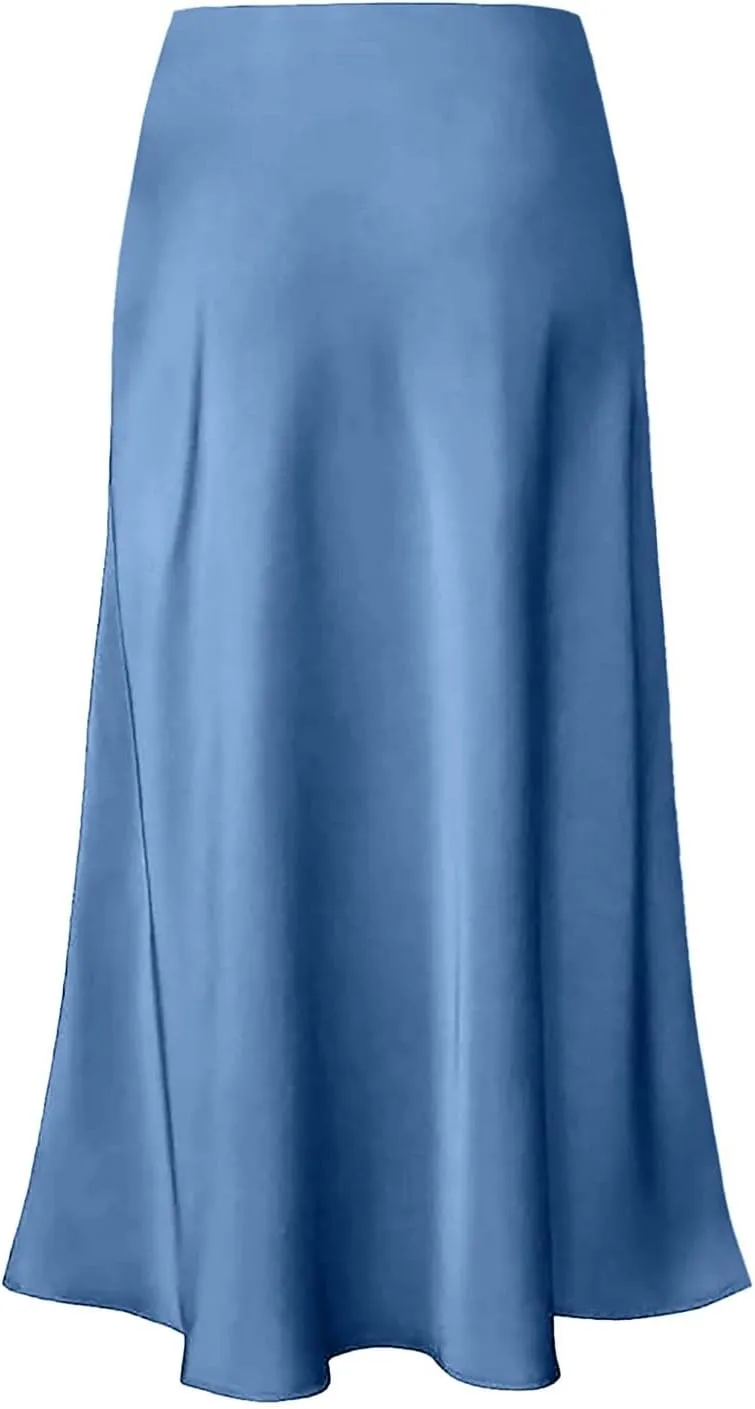 Women's Satin High Waisted Maxi Skirts Solid Color Summer Fall Elegant Elastic Waist Flared A-Line Long Satin Skirt