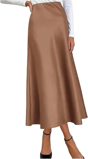 Women's Satin High Waisted Maxi Skirts Solid Color Summer Fall Elegant Elastic Waist Flared A-Line Long Satin Skirt