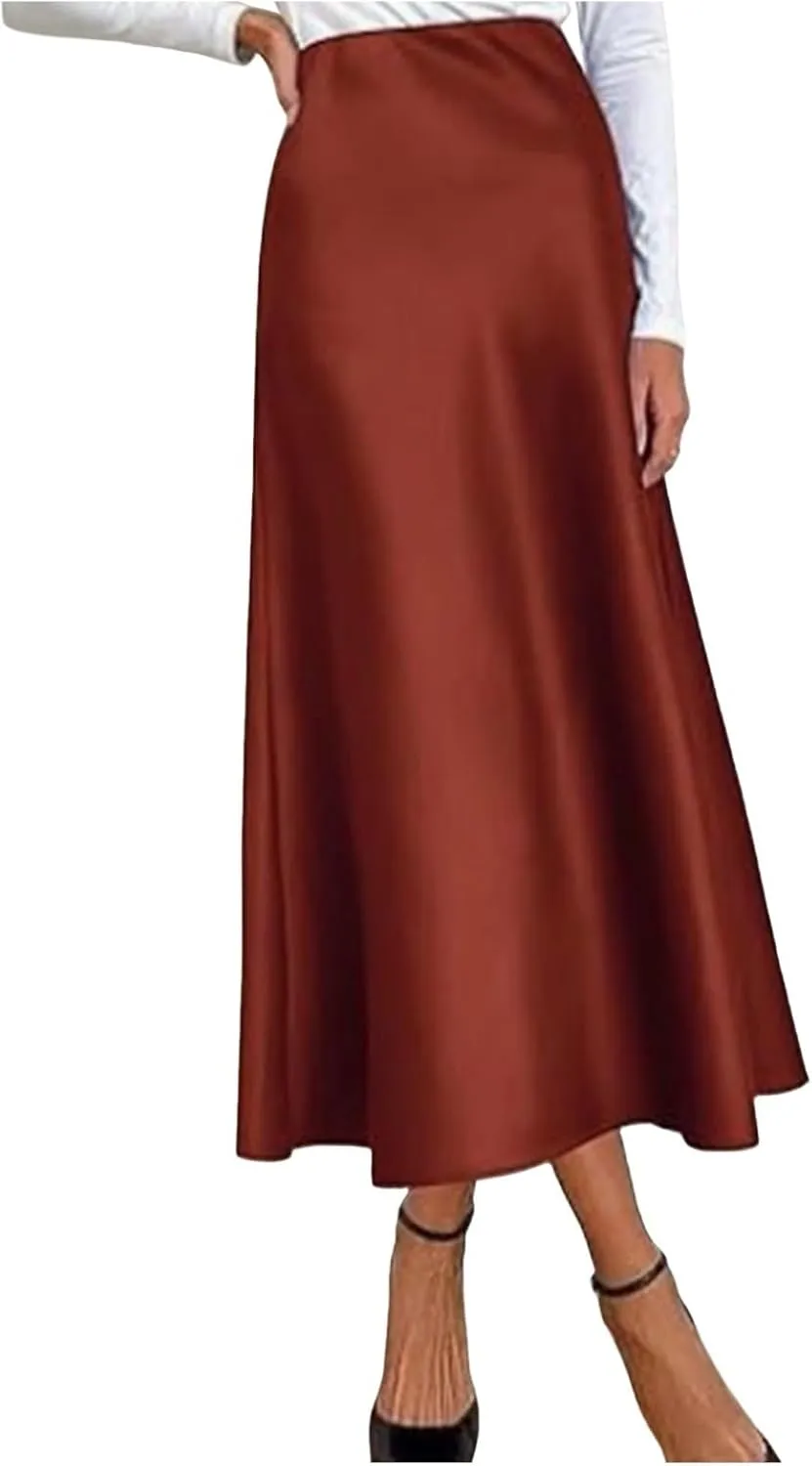 Women's Satin High Waisted Maxi Skirts Solid Color Summer Fall Elegant Elastic Waist Flared A-Line Long Satin Skirt