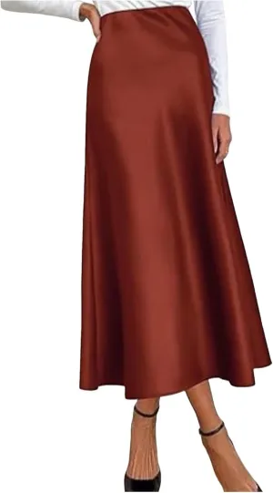Women's Satin High Waisted Maxi Skirts Solid Color Summer Fall Elegant Elastic Waist Flared A-Line Long Satin Skirt