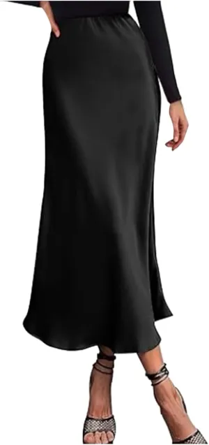 Women's Satin High Waisted Maxi Skirts Solid Color Summer Fall Elegant Elastic Waist Flared A-Line Long Satin Skirt