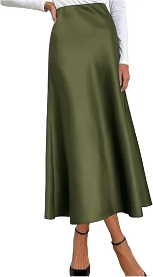 Women's Satin High Waisted Maxi Skirts Solid Color Summer Fall Elegant Elastic Waist Flared A-Line Long Satin Skirt