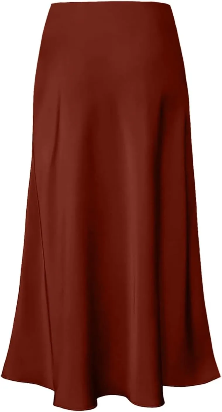 Women's Satin High Waisted Maxi Skirts Solid Color Summer Fall Elegant Elastic Waist Flared A-Line Long Satin Skirt