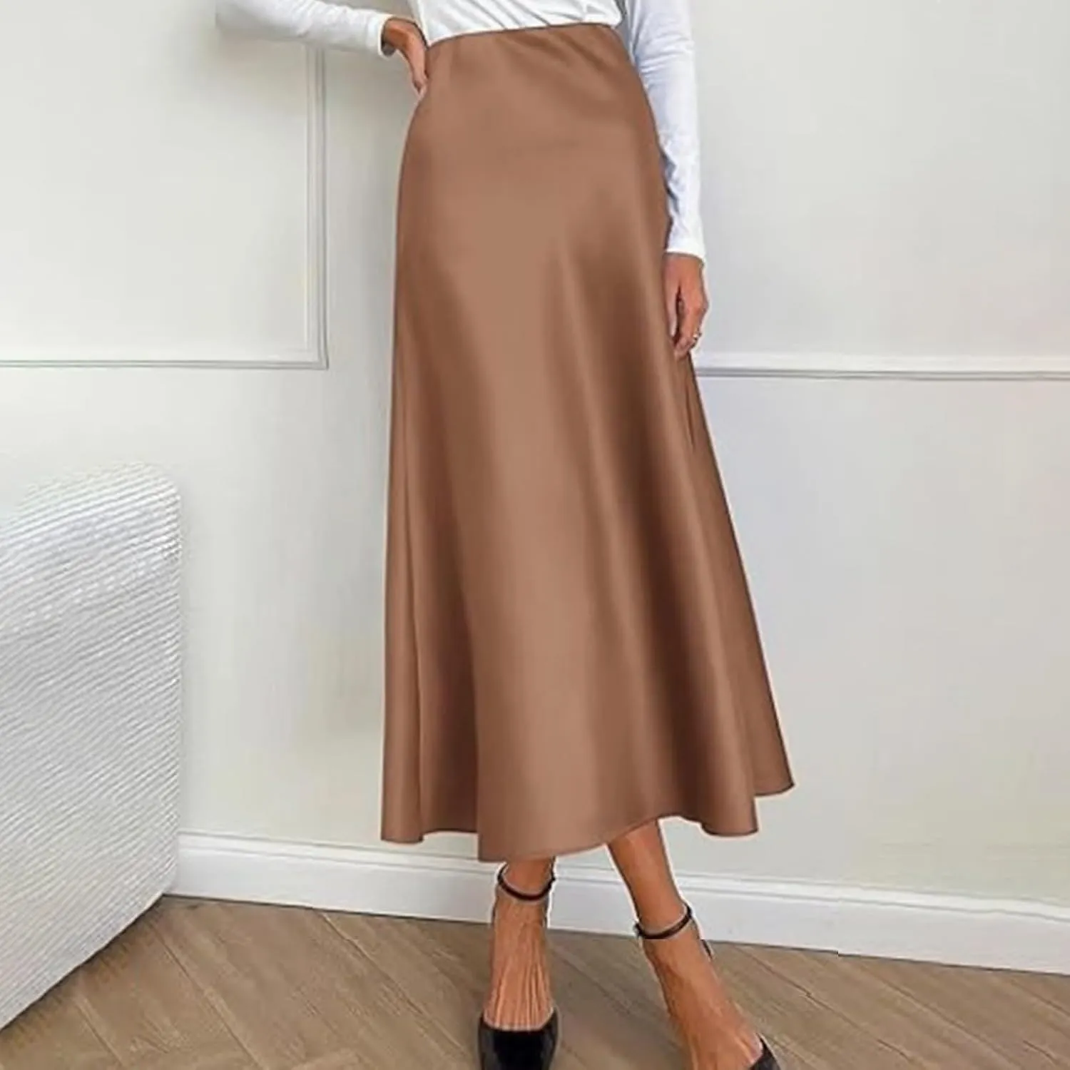 Women's Satin High Waisted Maxi Skirts Solid Color Summer Fall Elegant Elastic Waist Flared A-Line Long Satin Skirt