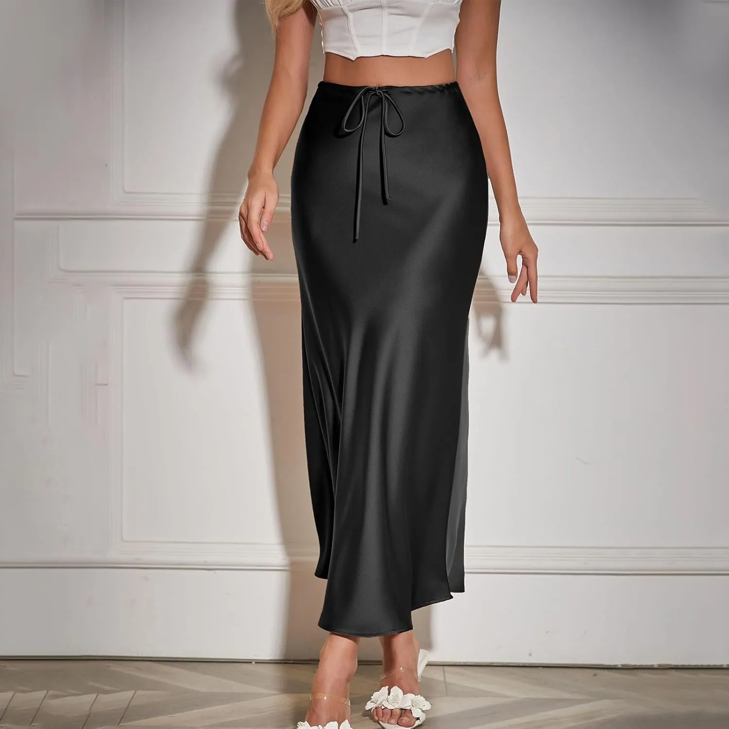 Women's Satin Maxi Skirts High Waist Silk Elegant Flowy Casual A-Line Long Skirt Cocktail Party Weekend Midi Skirt
