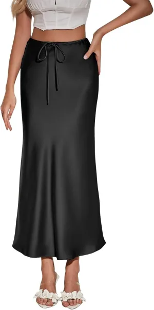Women's Satin Maxi Skirts High Waist Silk Elegant Flowy Casual A-Line Long Skirt Cocktail Party Weekend Midi Skirt