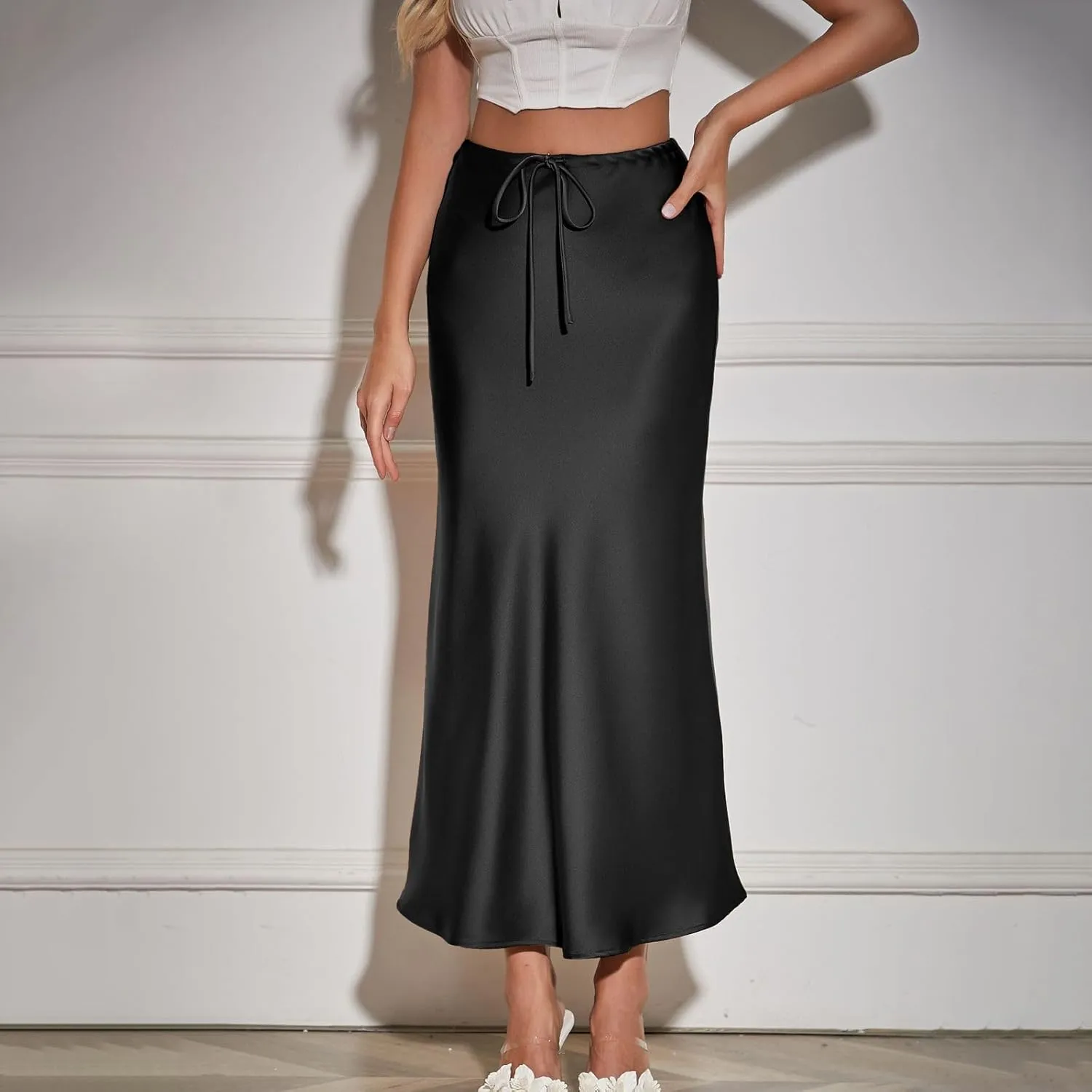 Women's Satin Maxi Skirts High Waist Silk Elegant Flowy Casual A-Line Long Skirt Cocktail Party Weekend Midi Skirt