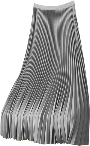 Women's Satin Metallic Pleated Skirt Elastic High Waist Flare Casual Long Swing A-Line Skirt Shiny Flowy Midi Skirt