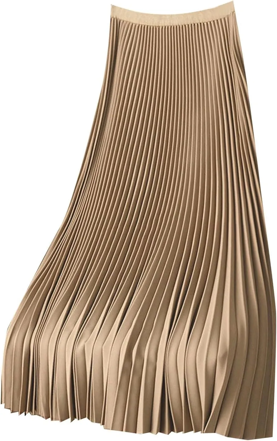 Women's Satin Metallic Pleated Skirt Elastic High Waist Flare Casual Long Swing A-Line Skirt Shiny Flowy Midi Skirt