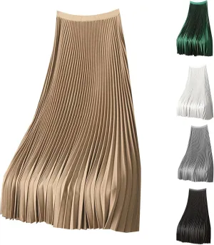 Women's Satin Metallic Pleated Skirt Elastic High Waist Flare Casual Long Swing A-Line Skirt Shiny Flowy Midi Skirt