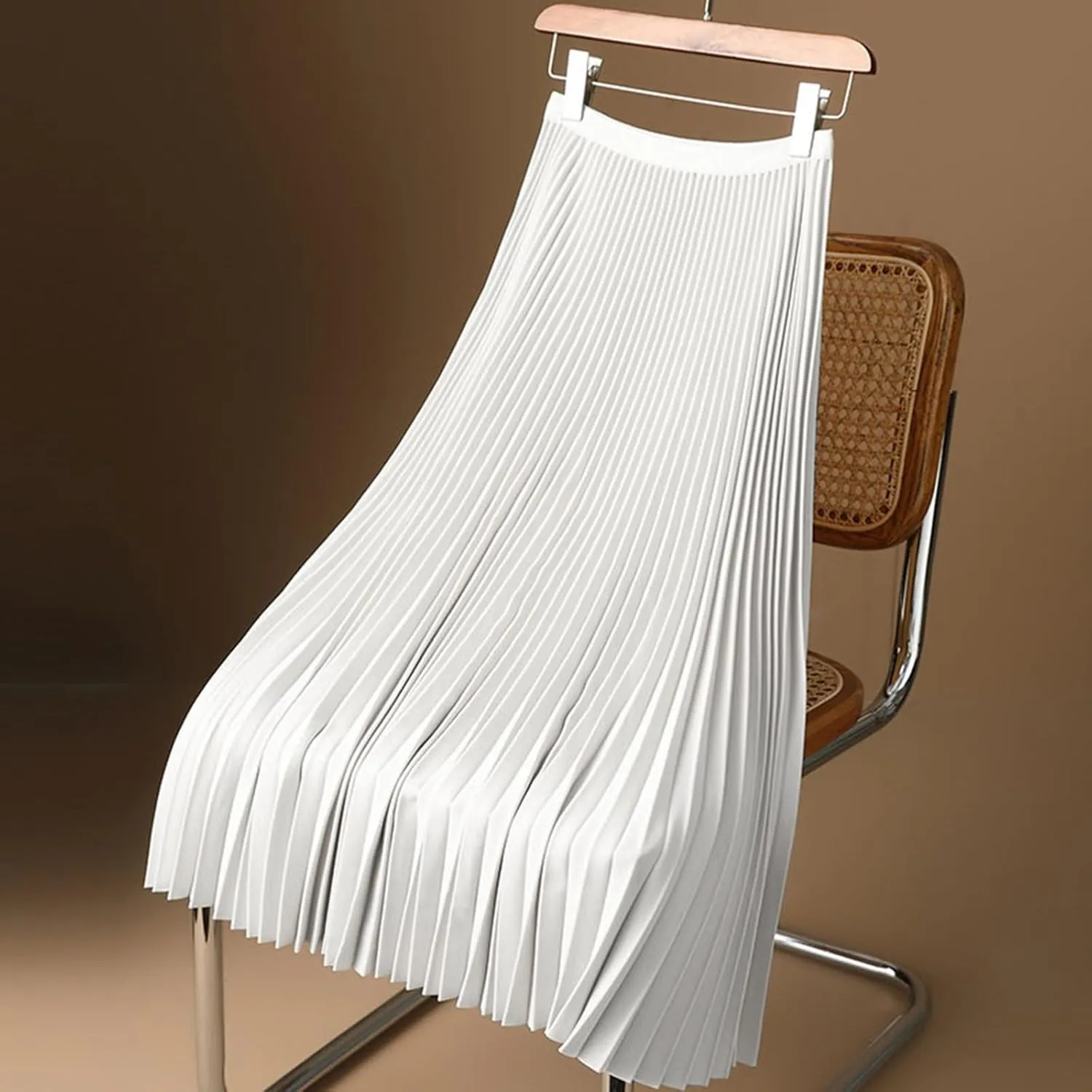 Women's Satin Metallic Pleated Skirt Elastic High Waist Flare Casual Long Swing A-Line Skirt Shiny Flowy Midi Skirt