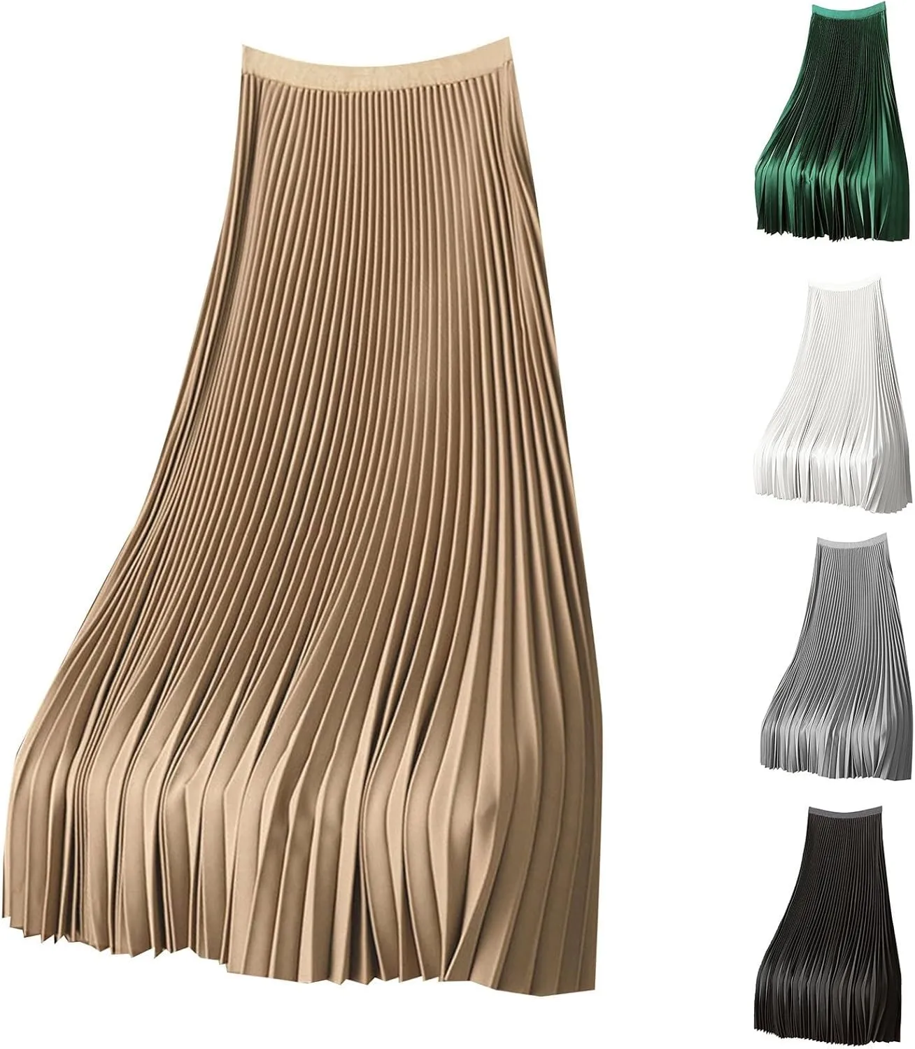 Women's Satin Metallic Pleated Skirt Elastic High Waist Flare Casual Long Swing A-Line Skirt Shiny Flowy Midi Skirt