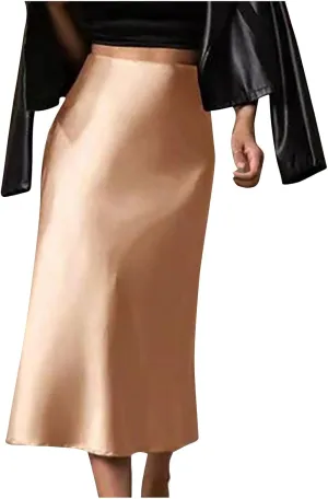 Womens Satin Skirts Casual Silk Midi Skirt High Waisted Long Skirts Elegant Work Skirts Evening Cocktail Party Skirt