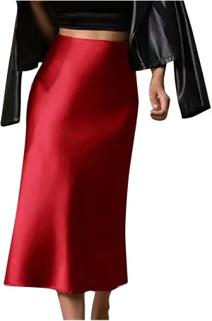 Womens Satin Skirts Casual Silk Midi Skirt High Waisted Long Skirts Elegant Work Skirts Evening Cocktail Party Skirt