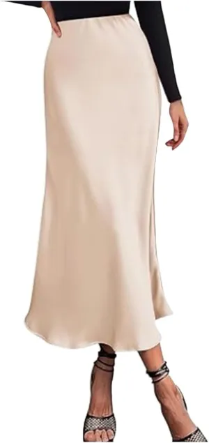 Women's Satin Skirts High Waist Hidden Elasticized Waistband Flared Skorts Casual A Line Midi Skirt S-XL