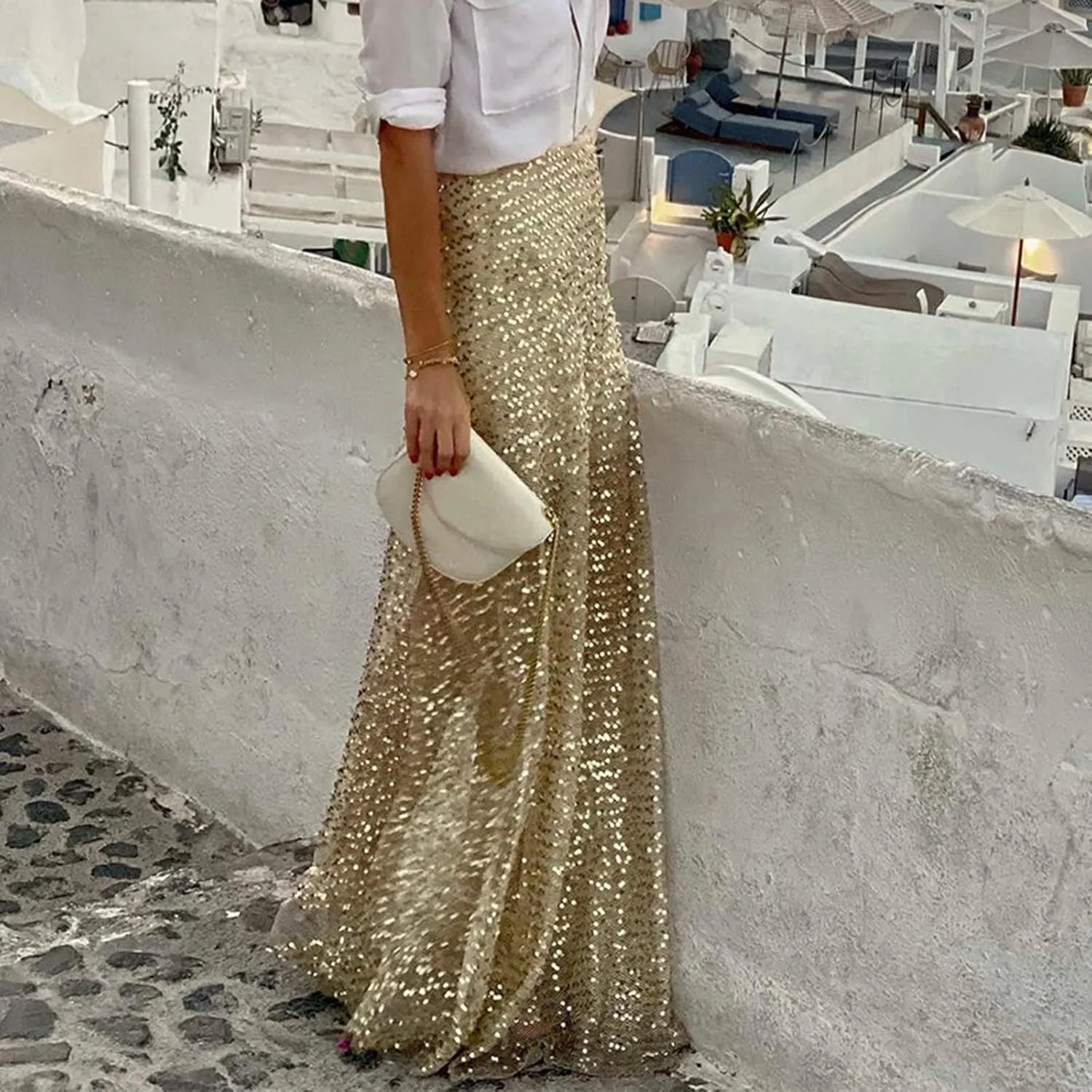 Women's Sequin Maxi Skirts Vintage Elastic High Waist A-Line Skirts Elegant Maxi Cocktail Party Long Skirts