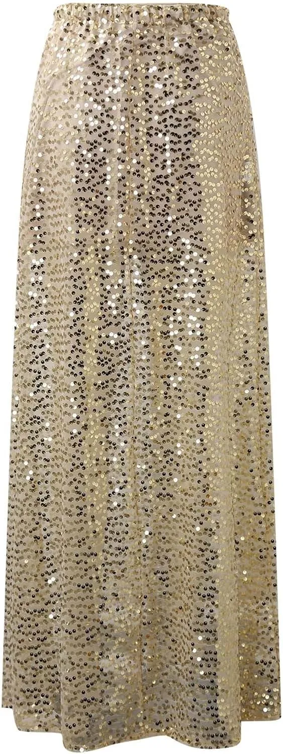 Women's Sequin Maxi Skirts Vintage Elastic High Waist A-Line Skirts Elegant Maxi Cocktail Party Long Skirts