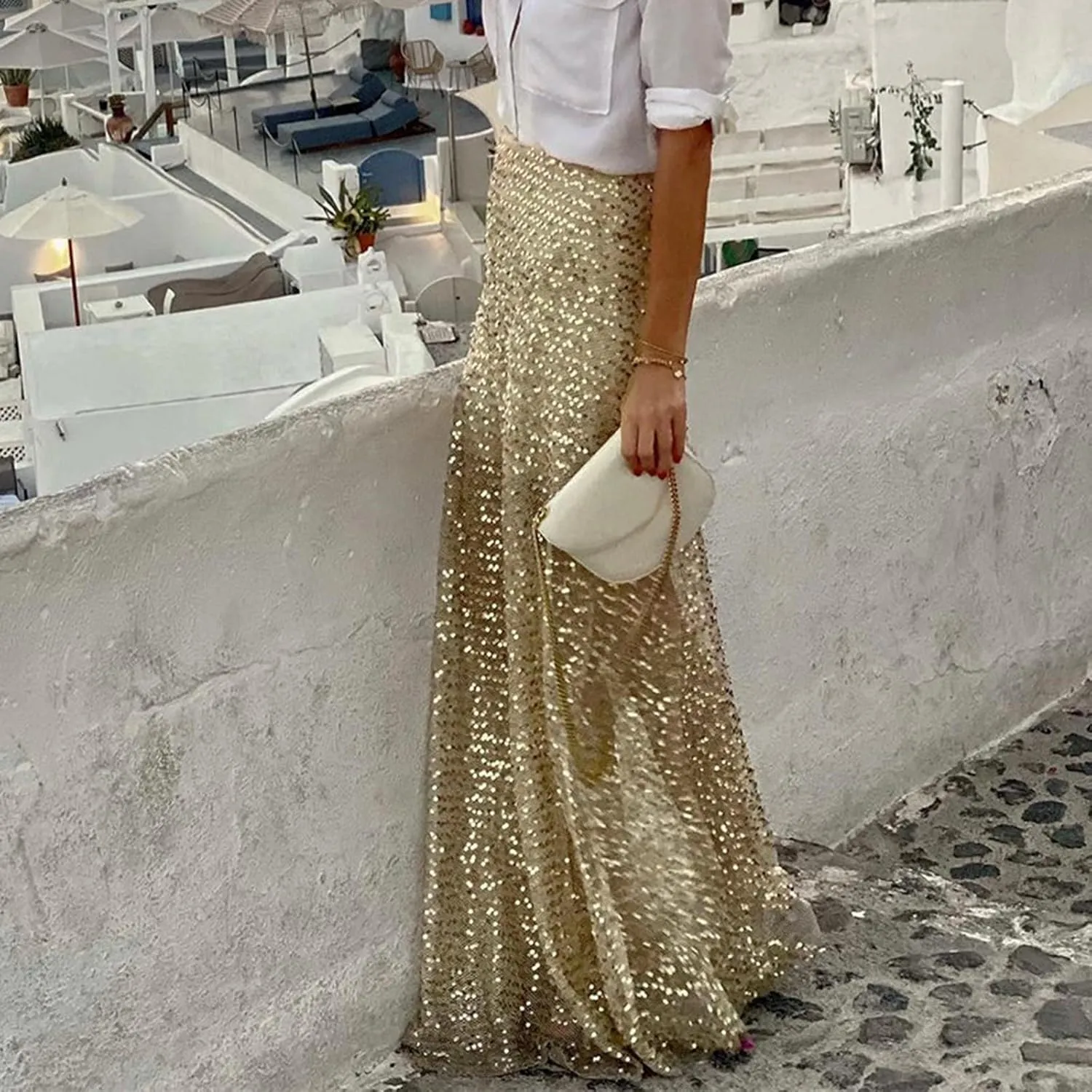 Women's Sequin Maxi Skirts Vintage Elastic High Waist A-Line Skirts Elegant Maxi Cocktail Party Long Skirts