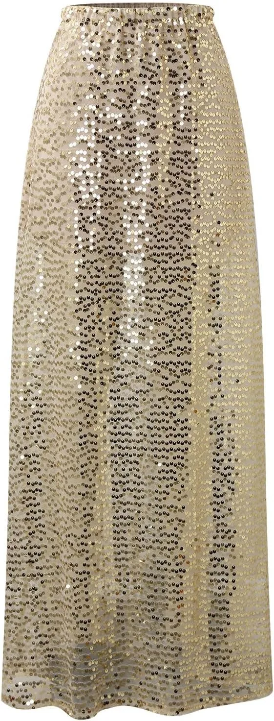 Women's Sequin Maxi Skirts Vintage Elastic High Waist A-Line Skirts Elegant Maxi Cocktail Party Long Skirts