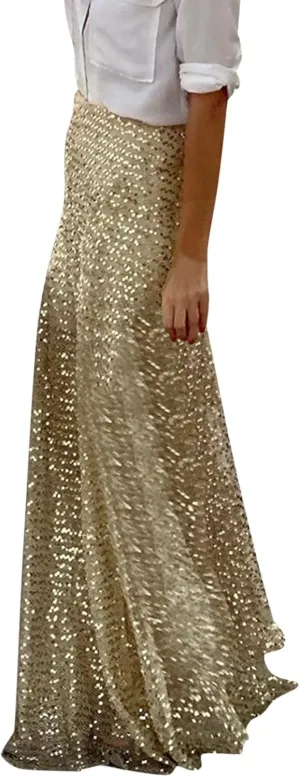 Women's Sequin Maxi Skirts Vintage Elastic High Waist A-Line Skirts Elegant Maxi Cocktail Party Long Skirts