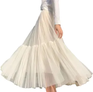 WomenS Skirt Midi Elastic High Waist Pleated Mesh Flowy A-Line Party Long Skirts