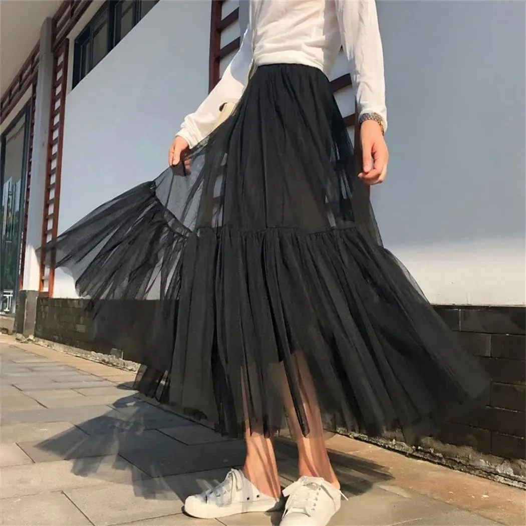 WomenS Skirt Midi Elastic High Waist Pleated Mesh Flowy A-Line Party Long Skirts