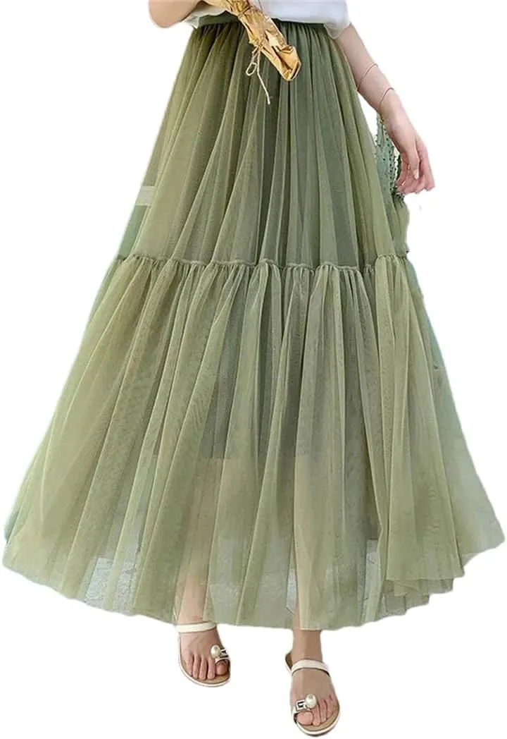 WomenS Skirt Midi Elastic High Waist Pleated Mesh Flowy A-Line Party Long Skirts