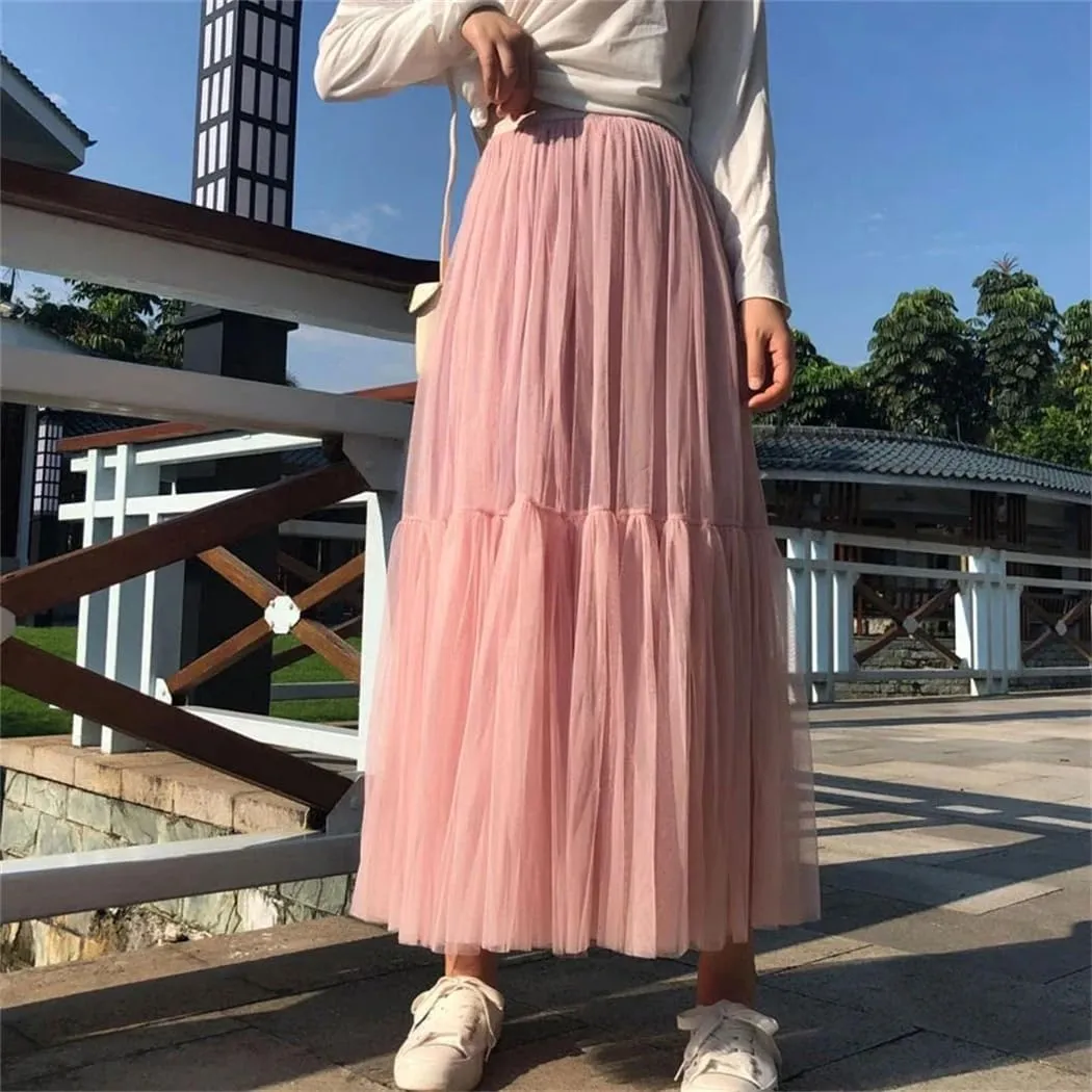 WomenS Skirt Midi Elastic High Waist Pleated Mesh Flowy A-Line Party Long Skirts