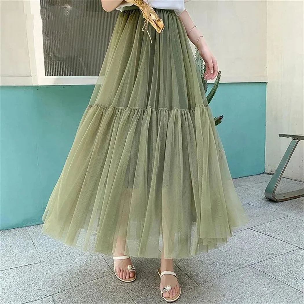 WomenS Skirt Midi Elastic High Waist Pleated Mesh Flowy A-Line Party Long Skirts