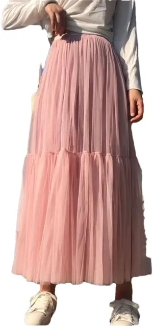 WomenS Skirt Midi Elastic High Waist Pleated Mesh Flowy A-Line Party Long Skirts